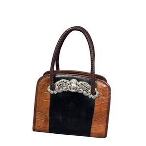 Brighton Handbag Womens Black Brown Leather Satchel Croc Heart Charm A516078